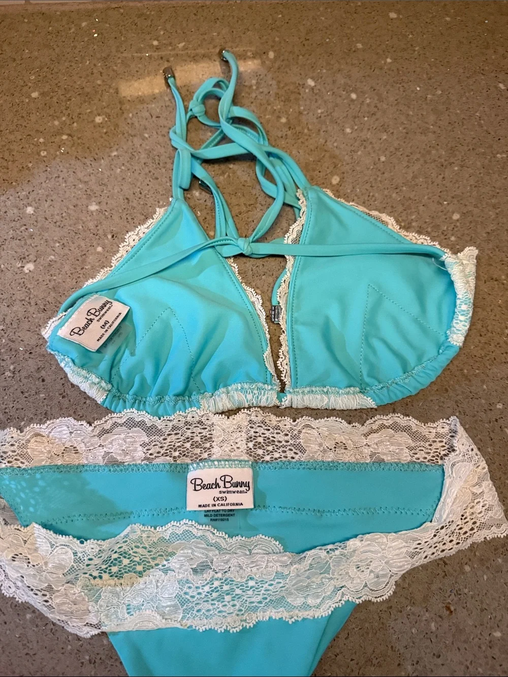 Beach Bunny Aqua and Ivory Lace Triangle Bikini Set